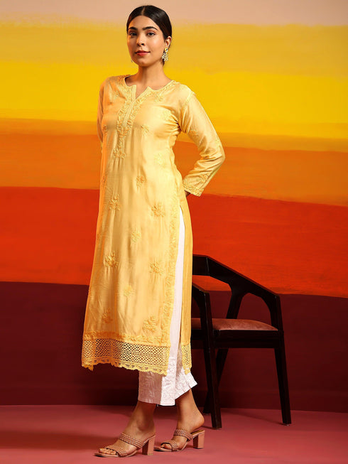 Fizaa Chikankari Long Kurta in Chanderi Silk for Women - Yellow